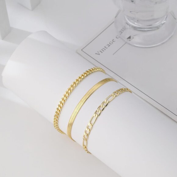 Gold Bracelet Set for Women Layered Chain Link Herringbone Adjustable Jewelry - Picture 6 of 7